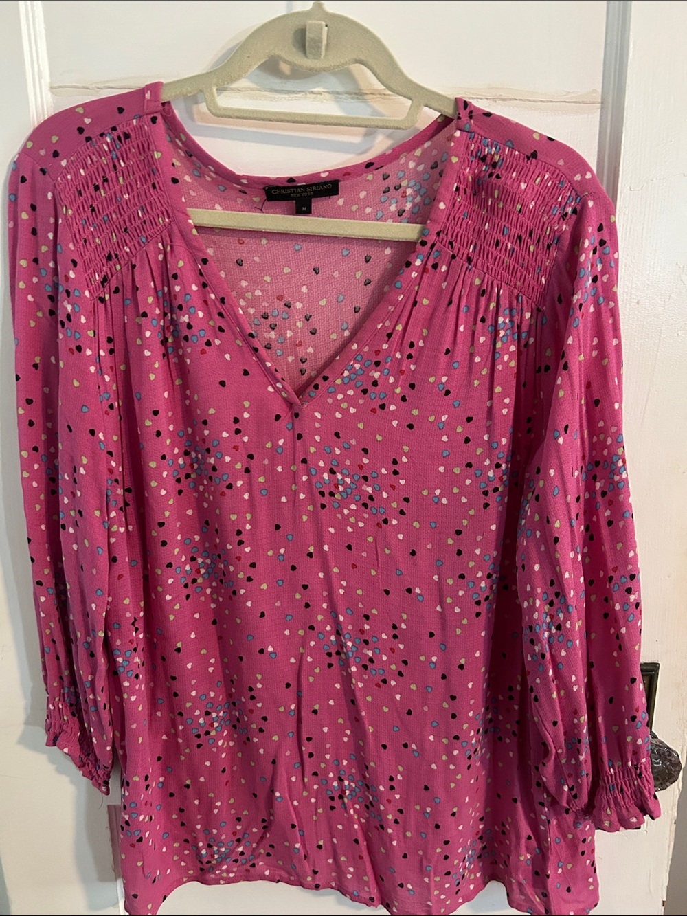 Christian Siriano Pink V-Neck Smocked Shoulder Dot-Print Blouse